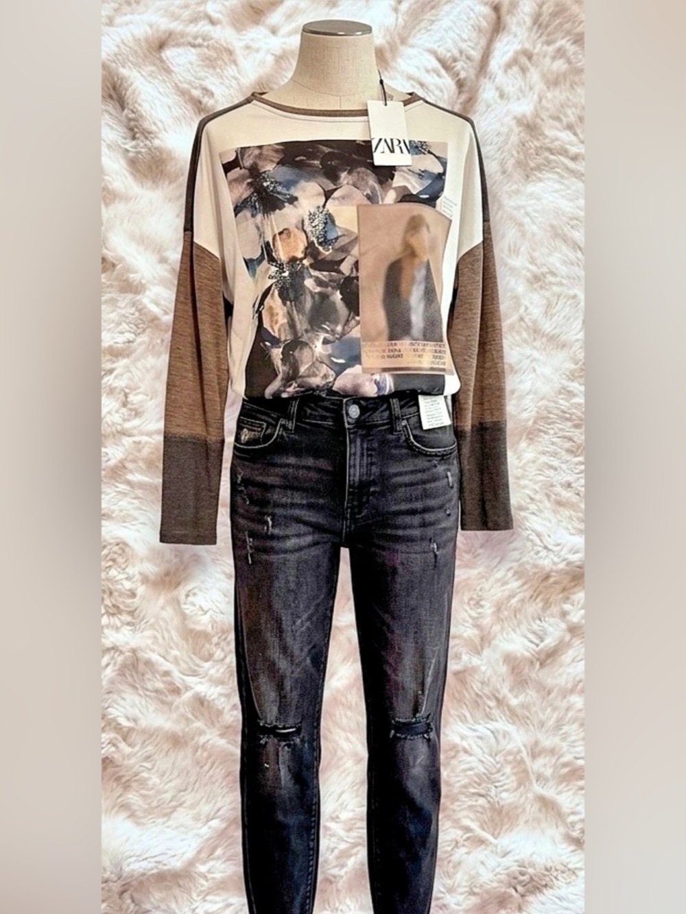 Zara W&B Collection Mixed Media Floral Graphic Top Small